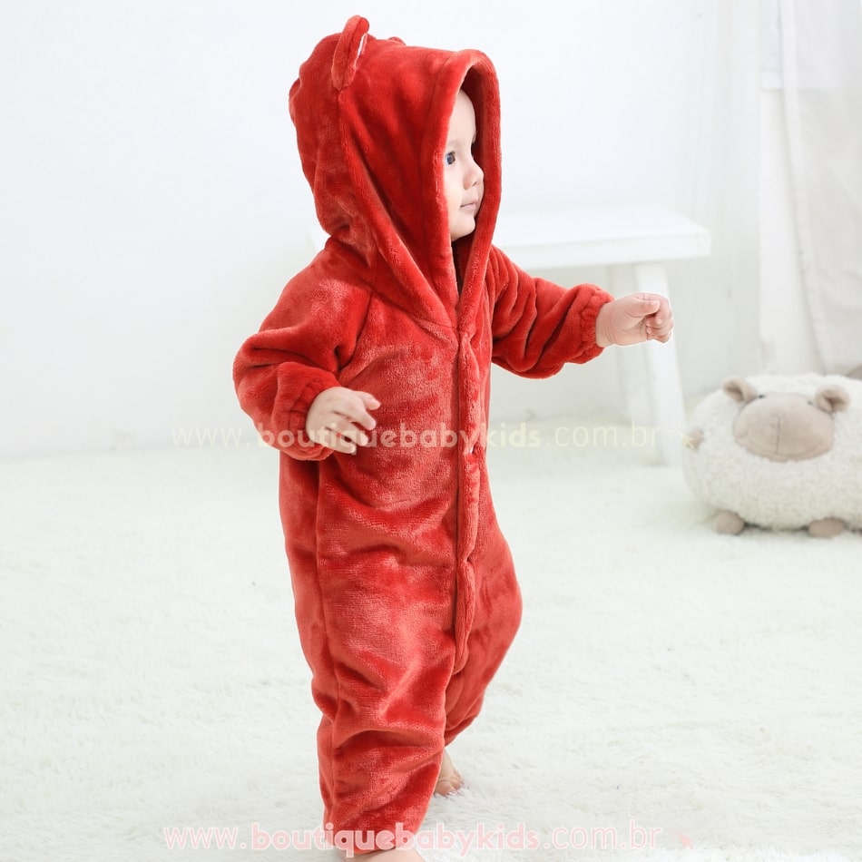 Macacão Bebê Ursinho Pelúcia com Capuz Vermelho - Boutique Baby Kids 