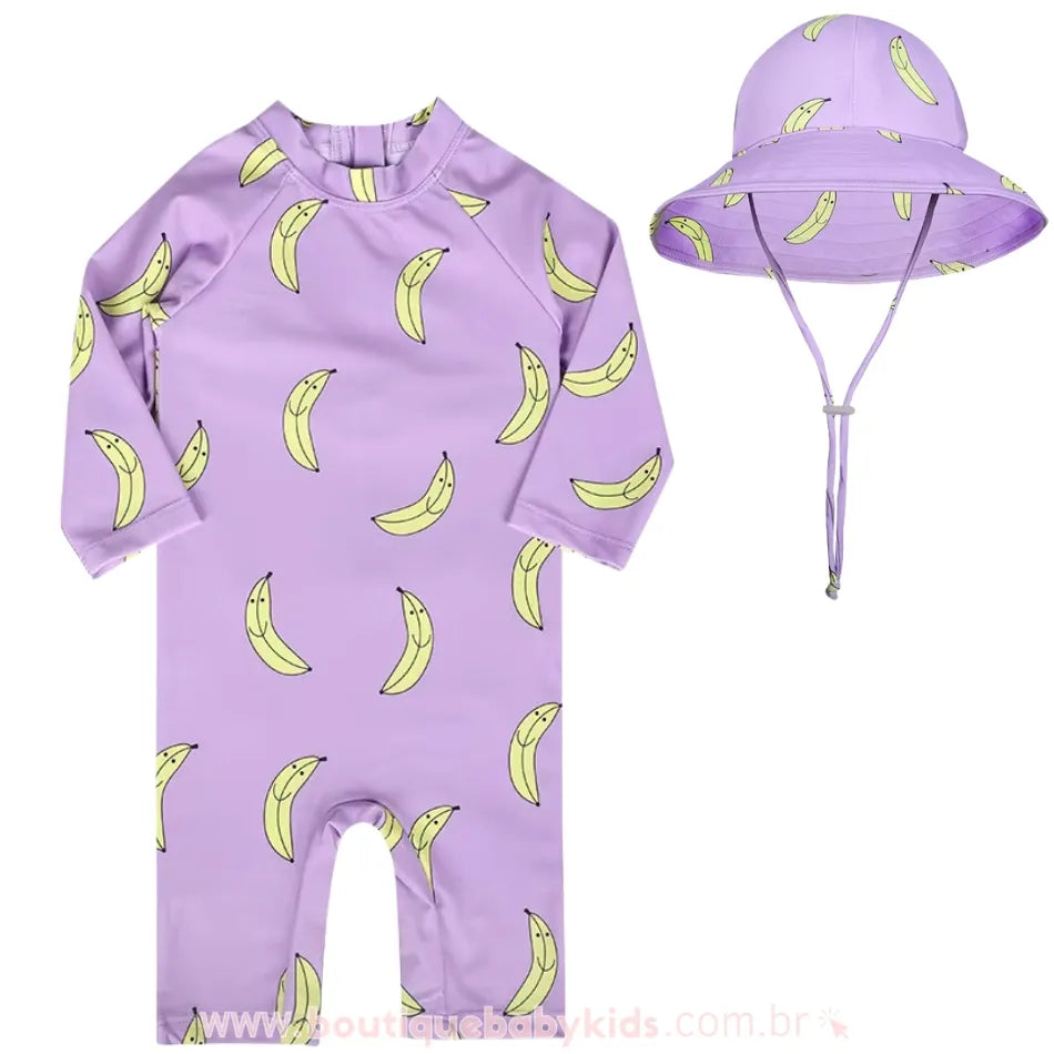 Macacão de Praia Infantil Bananas com Chapéu Lilás - Boutique Baby Kids 