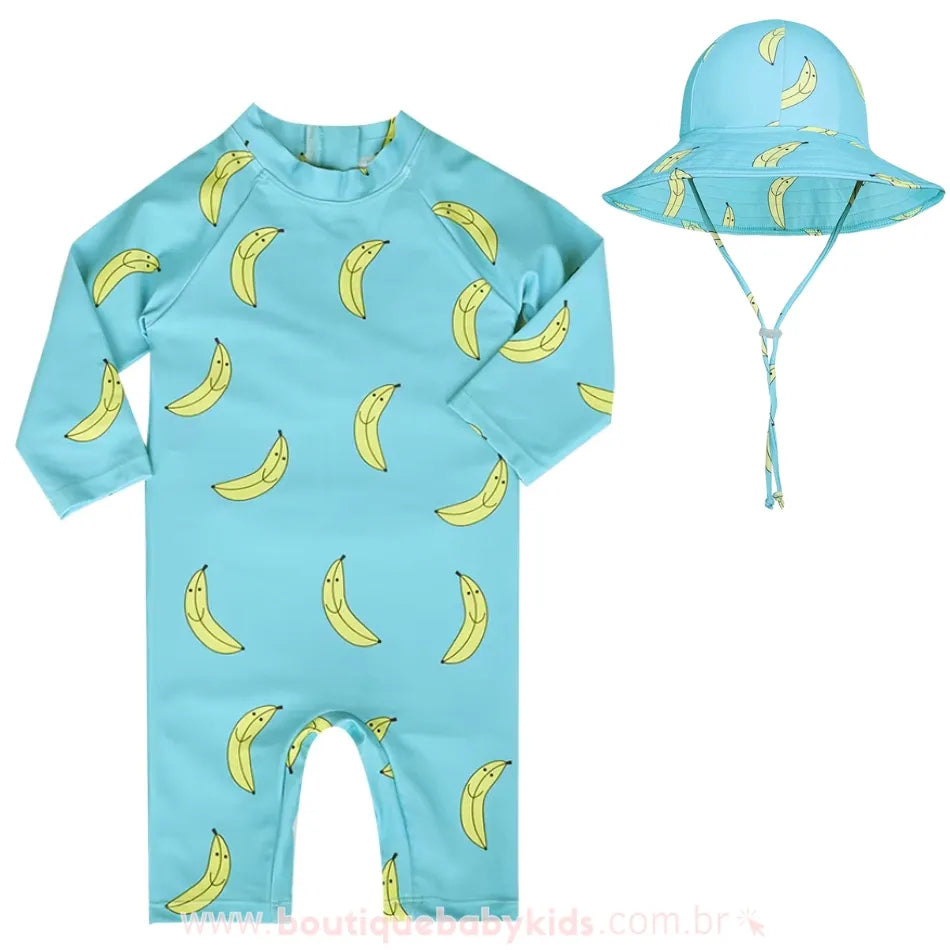 Macacão de Praia Infantil Bananas com Chapéu Azul - Boutique Baby Kids 