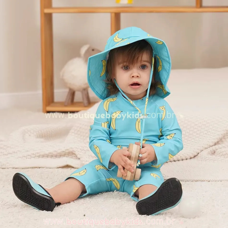 Macacão de Praia Infantil Bananas com Chapéu Azul - Boutique Baby Kids 