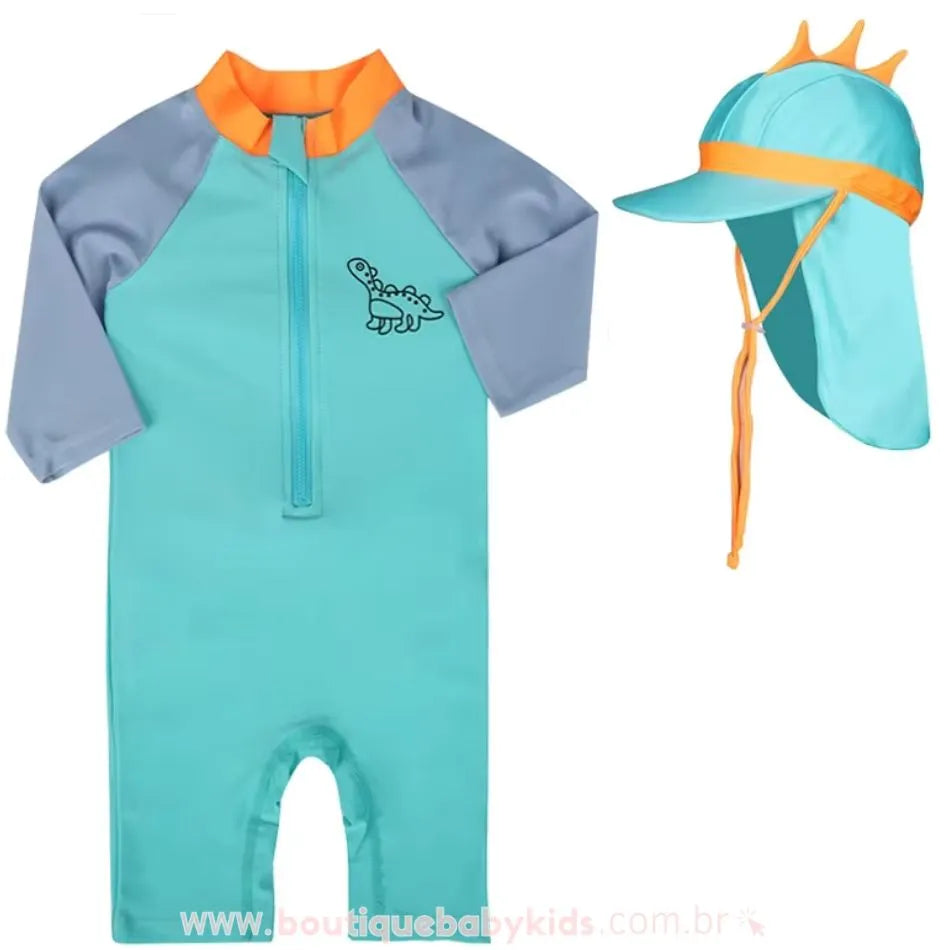 Macacão de Praia Infantil Dinossauro com Chapéu Azul - Boutique Baby Kids 