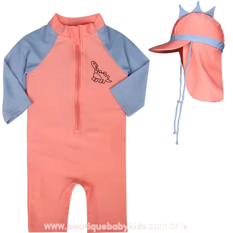 Macacão de Praia Infantil Dinossauro com Chapéu Rosa - Boutique Baby Kids 