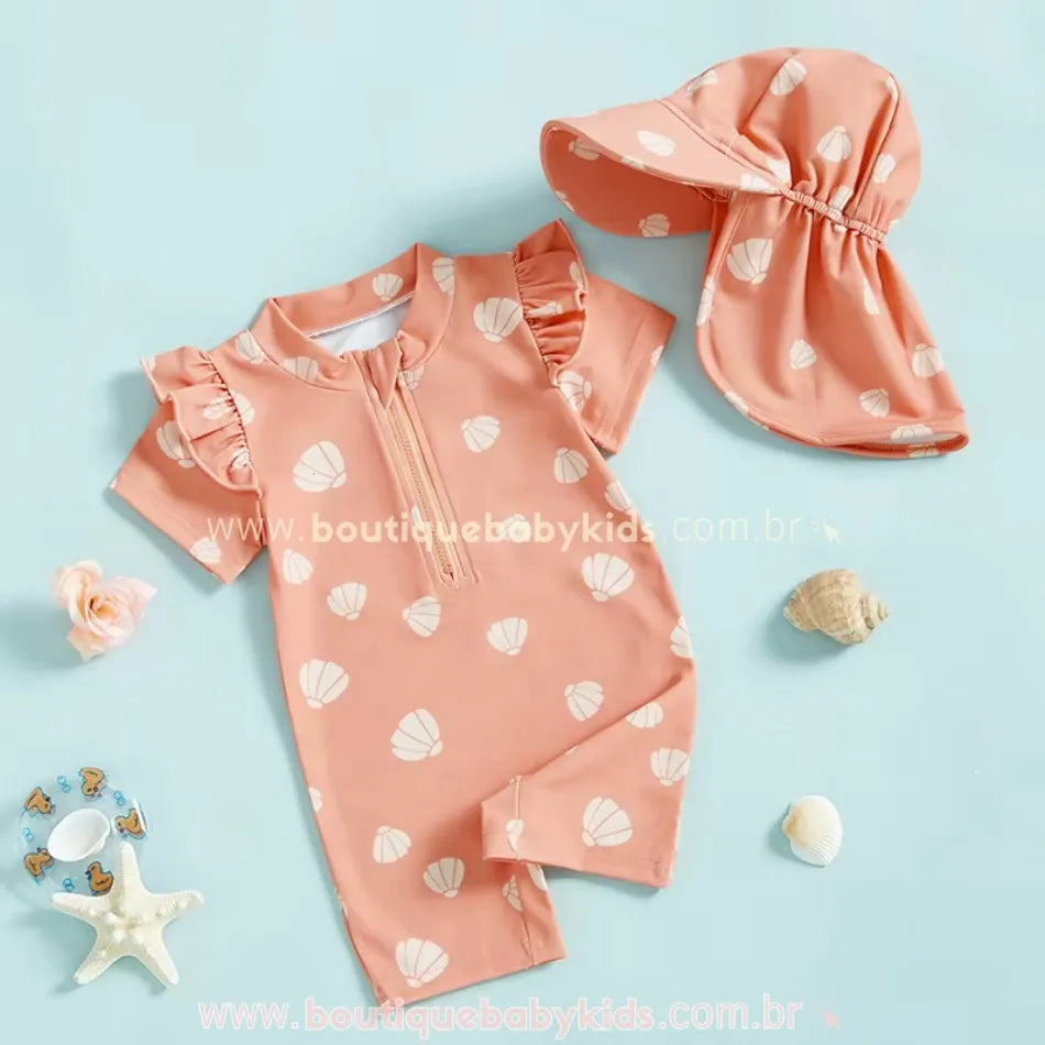 Macaquinho de Praia Bebê Conchinhas do Mar com Chapéu Rosa - Boutique Baby Kids