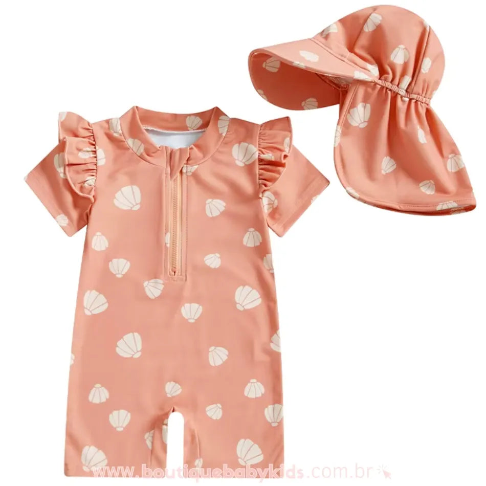 Macaquinho de Praia Bebê Conchinhas do Mar com Chapéu Rosa - Boutique Baby Kids