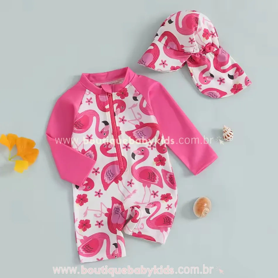 Macaquinho de Praia Estampa Flamingo Tropical com Chapéu Rosa - Boutique Baby Kids