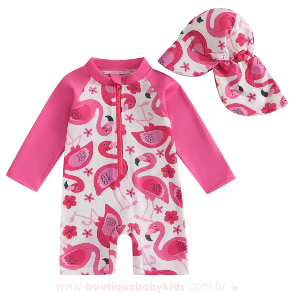 Macaquinho de Praia Estampa Flamingo Tropical com Chapéu Rosa - Boutique Baby Kids