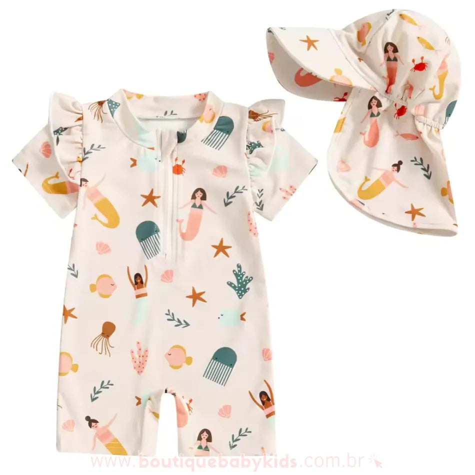 Macaquinho de Praia Sereia Sonhadora com Chapéu - Boutique Baby Kids
