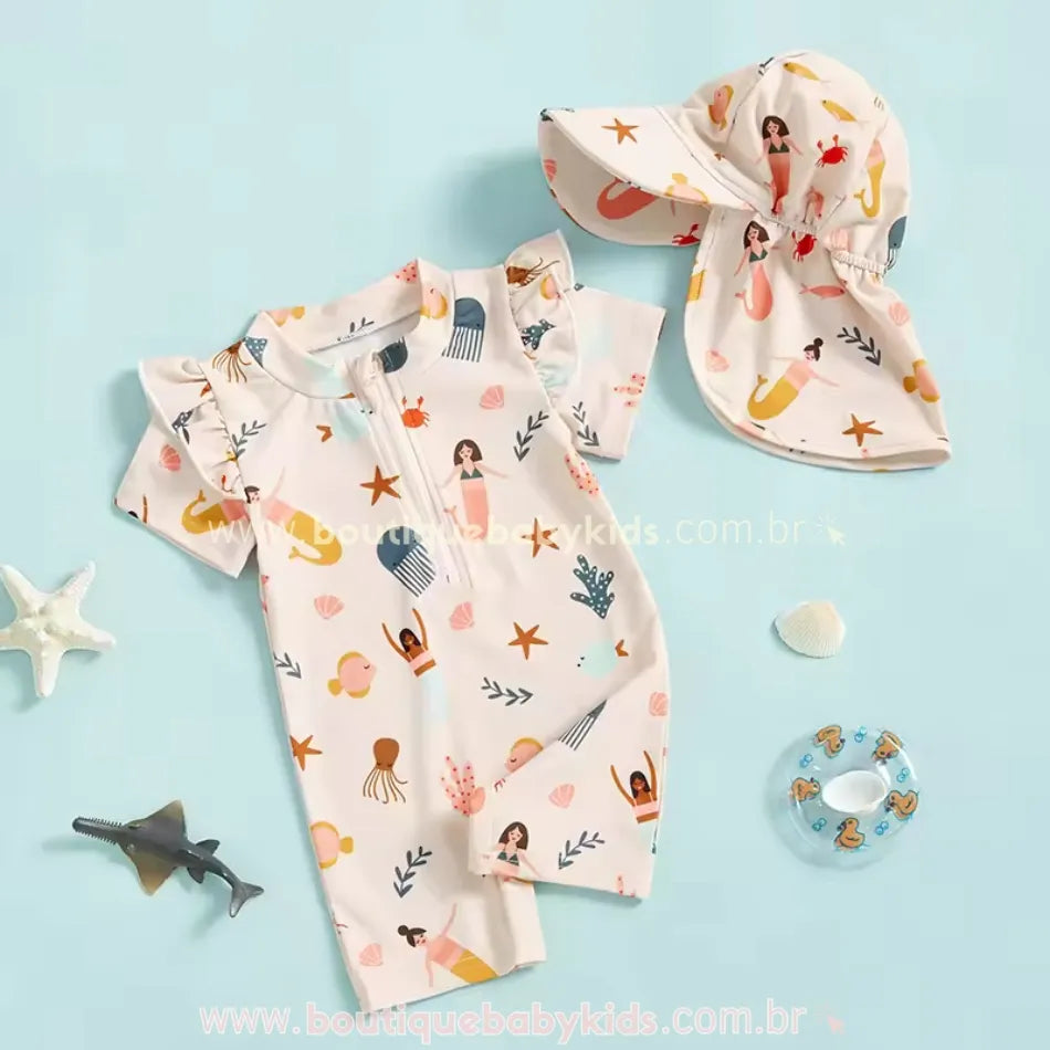 Macaquinho de Praia Sereia Sonhadora com Chapéu - Boutique Baby Kids