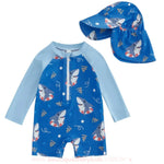 Macaquinho de Praia Tubarão Nadador com Chapéu Azul - Boutique Baby Kids