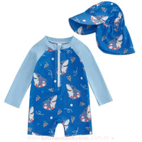 Macaquinho de Praia Tubarão Nadador com Chapéu Azul - Boutique Baby Kids