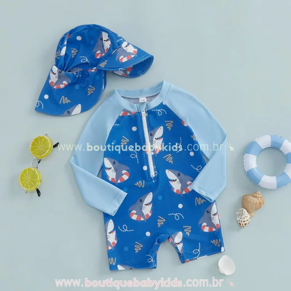 Macaquinho de Praia Tubarão Nadador com Chapéu Azul - Boutique Baby Kids
