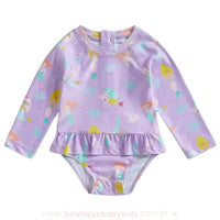 Maiô Bebê Estampa Sereias Manga Longa Lilás - Boutique Baby Kids