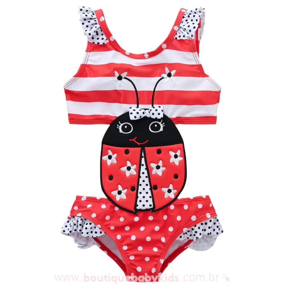 Maiô Infantil Engana Mamãe Joaninha visto de frente, com design temático de joaninha, babados nas alças e estampa vibrante.