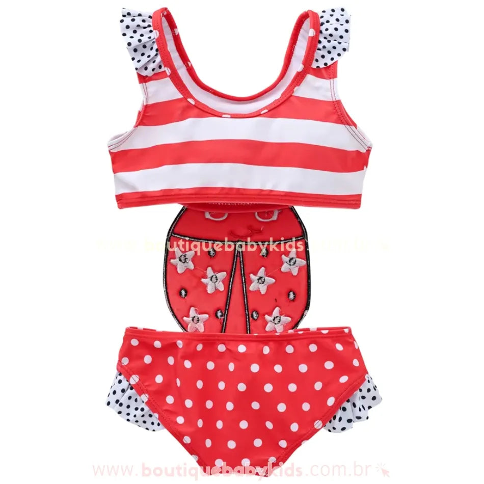 Maiô Infantil Engana Mamãe Joaninha visto de costas, destacando as listras vermelhas e brancas do top e a parte inferior com estampa de bolinhas.