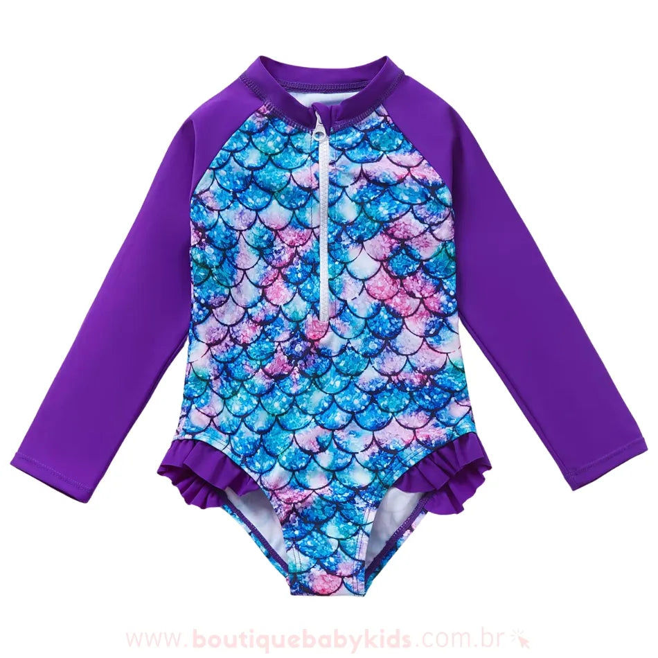 Maiô Infantil Pequena Sereia Manga Longa Roxo Proteção UV - Boutique Baby Kids