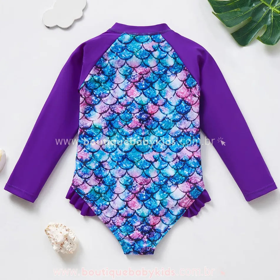 Maiô Infantil Pequena Sereia Manga Longa Roxo Proteção UV - Boutique Baby Kids