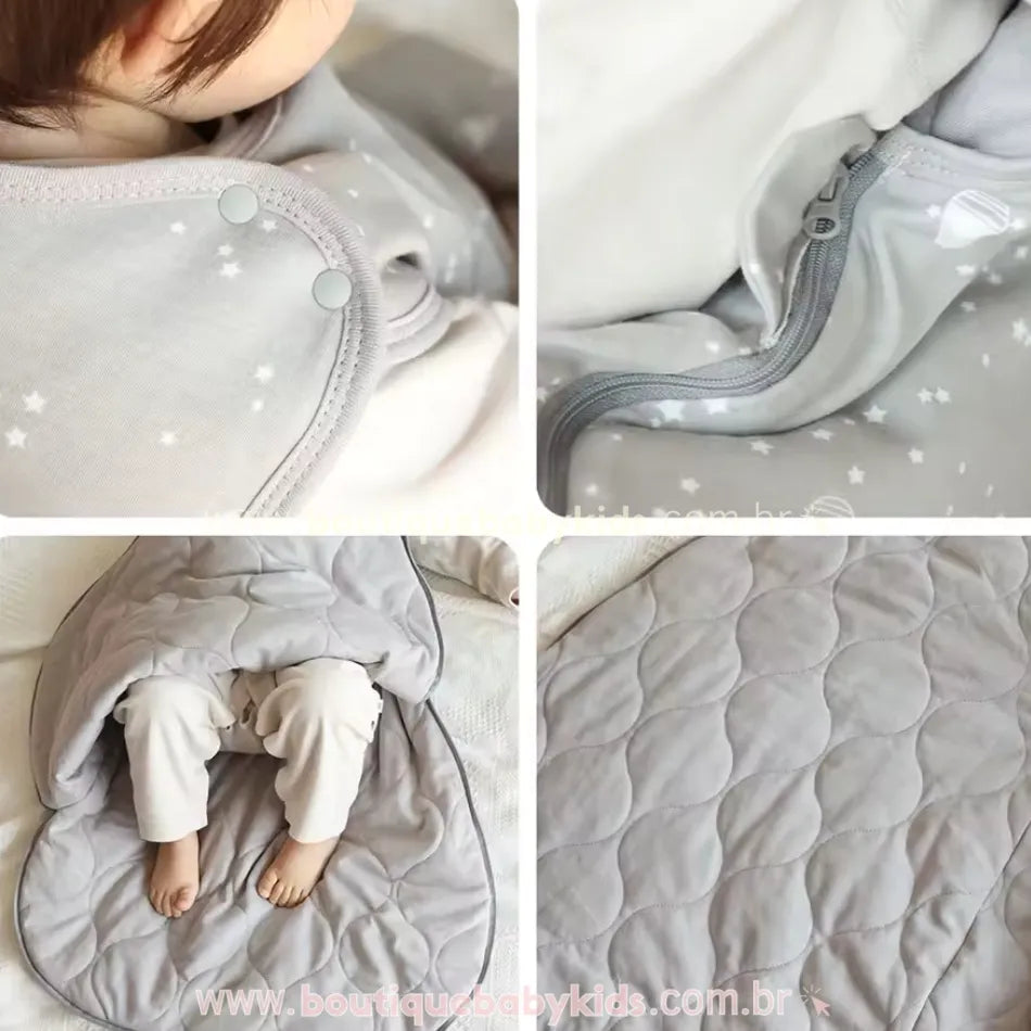 Detalhes do fecho de botões nos ombros, zíper lateral e tecido interno do saco de dormir, evidenciando a praticidade e conforto do modelo.