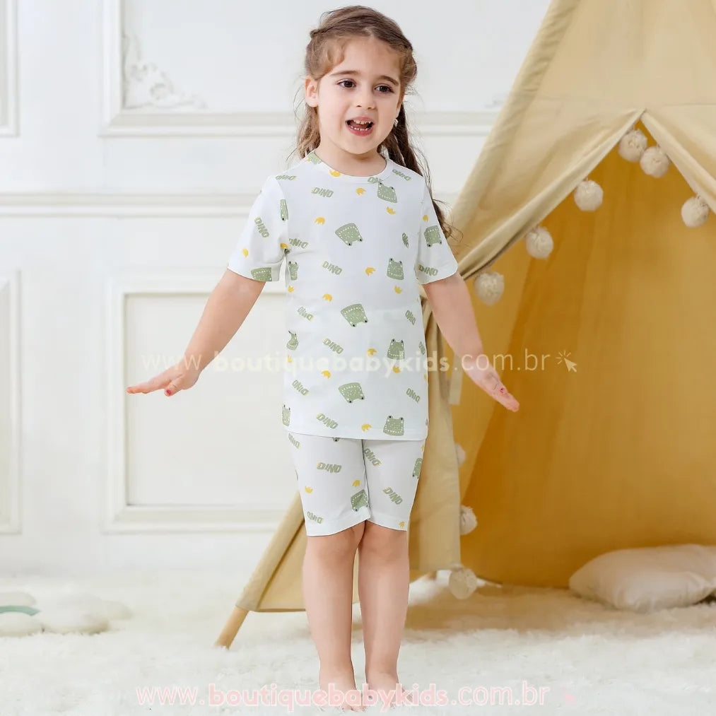 Pijama Infantil Curto Dinossauro Branco em Fibra de Bambu - Boutique Baby Kids