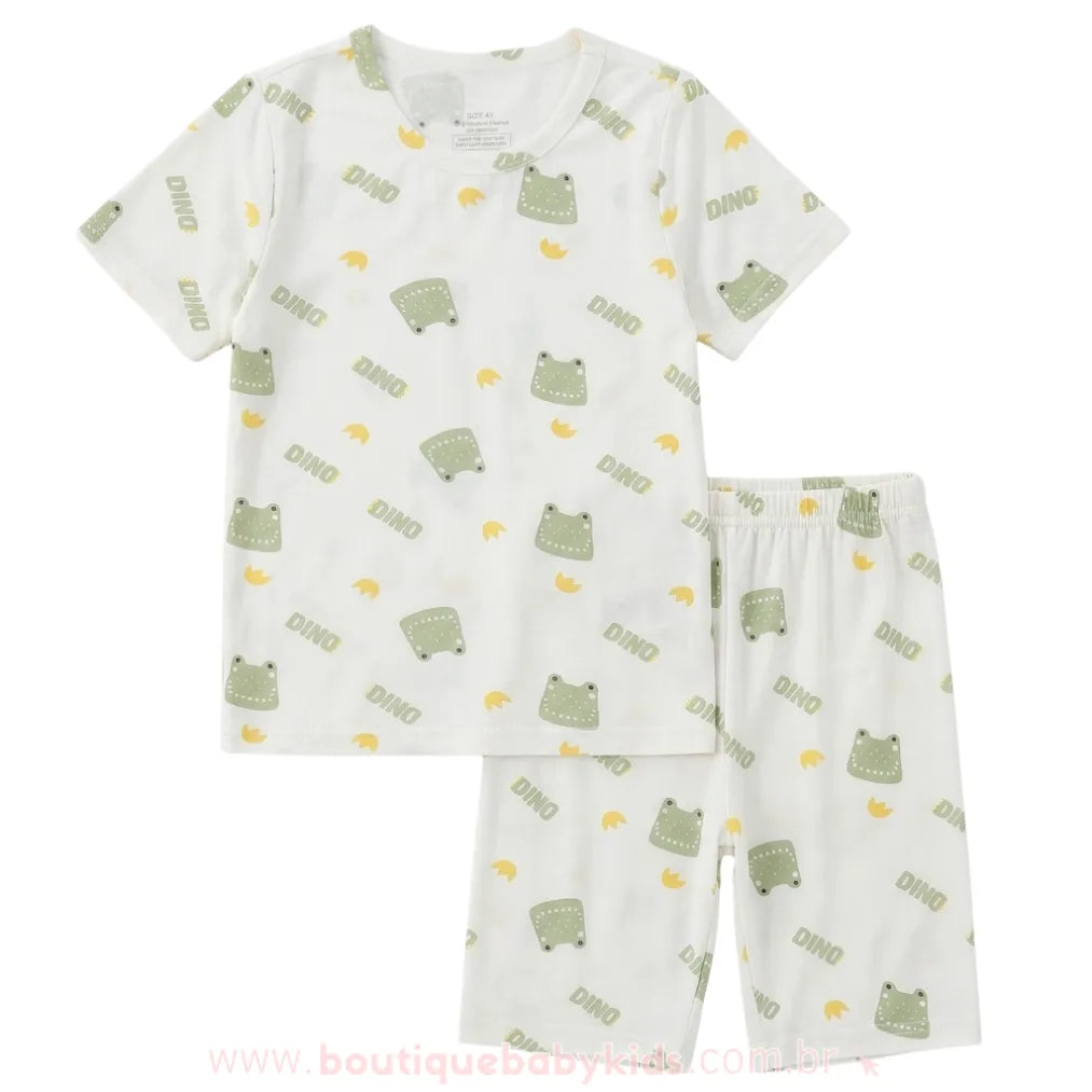 Pijama Infantil Curto Dinossauro Branco em Fibra de Bambu - Boutique Baby Kids