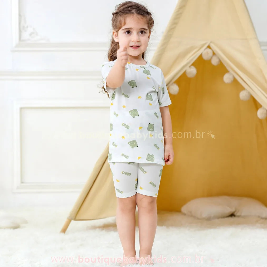 Pijama Infantil Curto Dinossauro Branco em Fibra de Bambu - Boutique Baby Kids