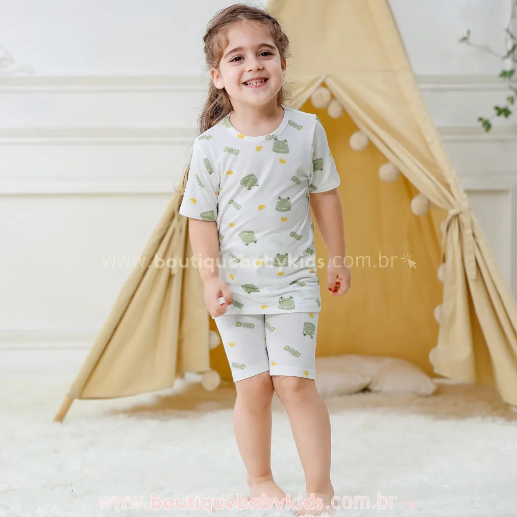 Pijama Infantil Curto Dinossauro Branco em Fibra de Bambu - Boutique Baby Kids