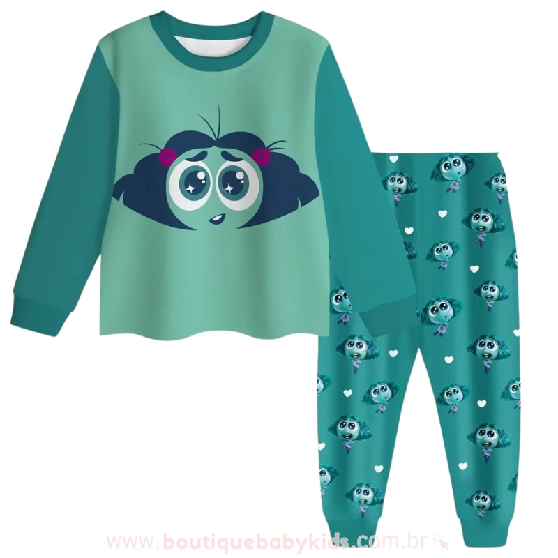 Pijama Infantil Longo Emoções Divertida Mente Verde Água Inveja - Boutique Baby Kids 