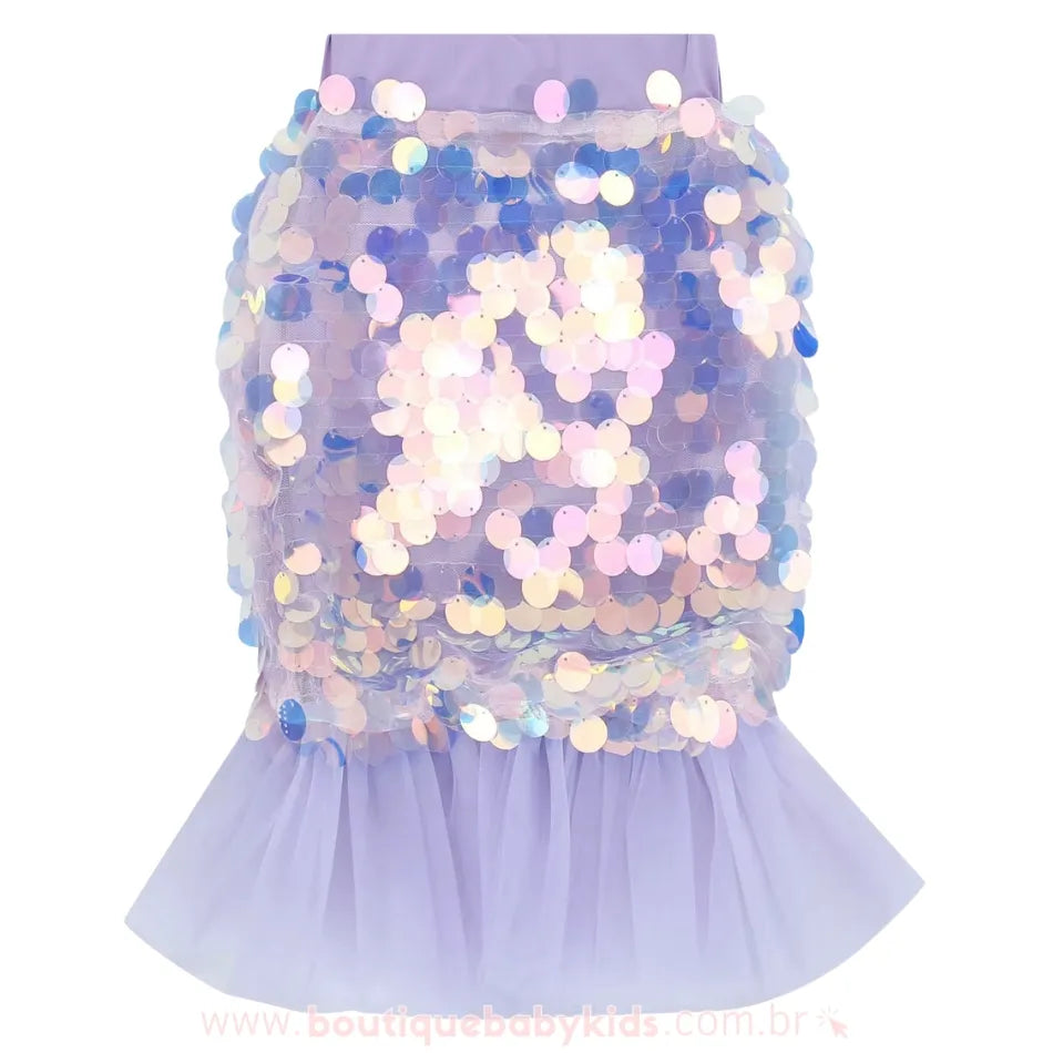 Saia Infantil Fantasia Lantejoulas Cauda de Sereia Lilás - Boutique Baby Kids