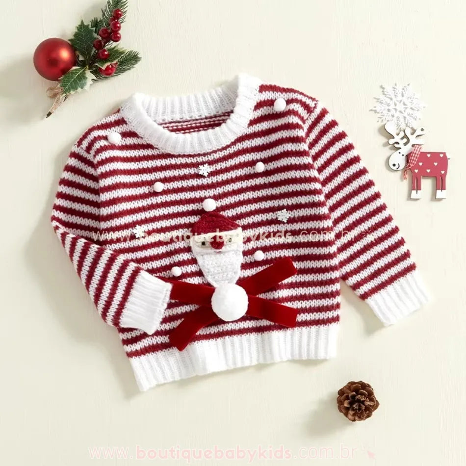 Suéter Infantil Tricot Natalino Listrado Aplique Papai Noel - Boutique Baby Kids