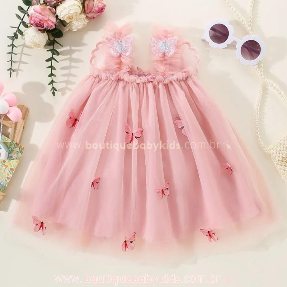 Vestido Bebê Borboleta Tule com Asinhas Rosa - Boutique Baby Kids 