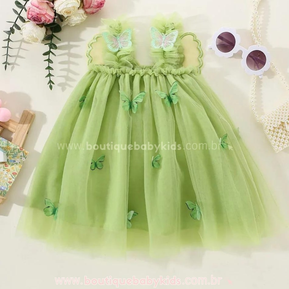 Vestido Bebê Borboleta Tule com Asinhas Verde - Boutique Baby Kids 