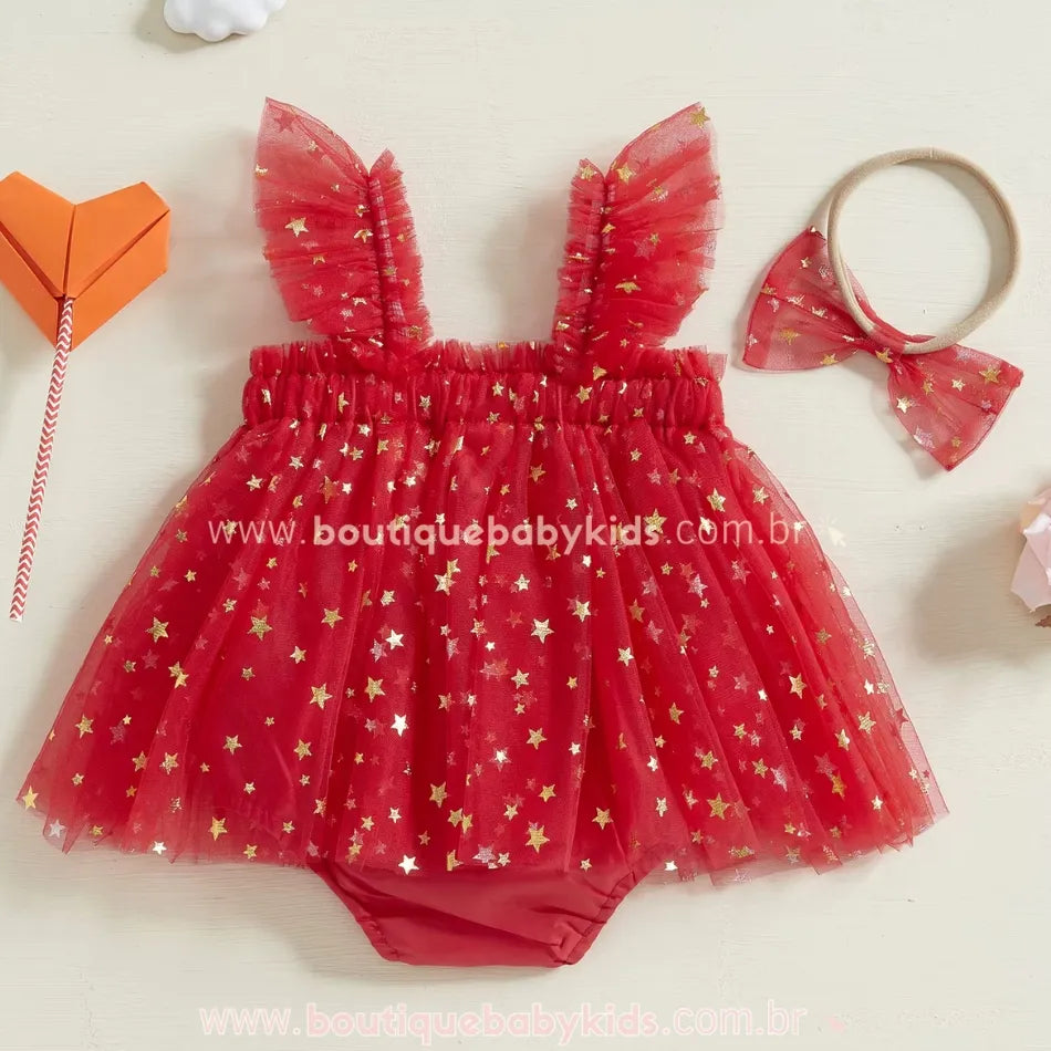 Vestido Bebê Coração Estrelado com Faixa Vermelho - Boutique Baby Kids