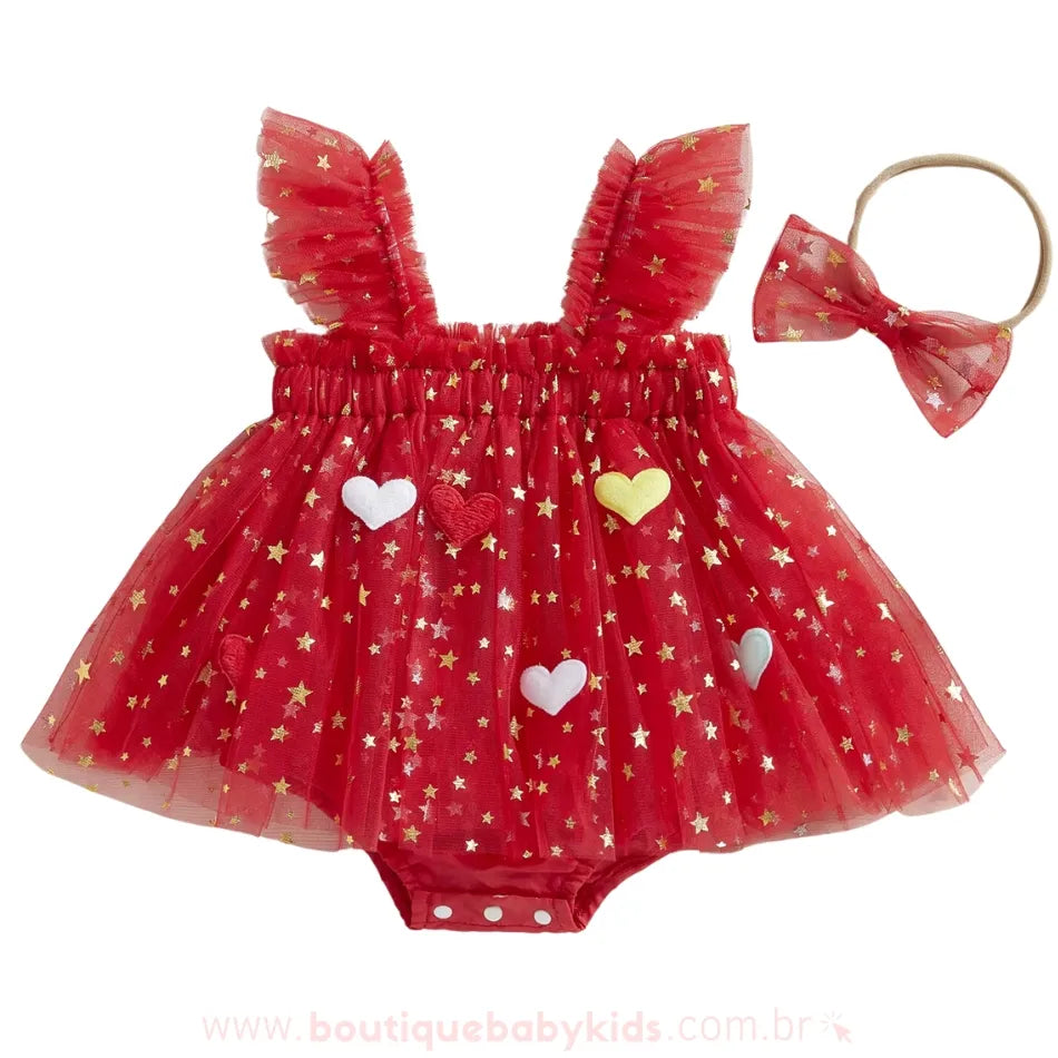 Vestido Bebê Coração Estrelado com Faixa Vermelho - Boutique Baby Kids