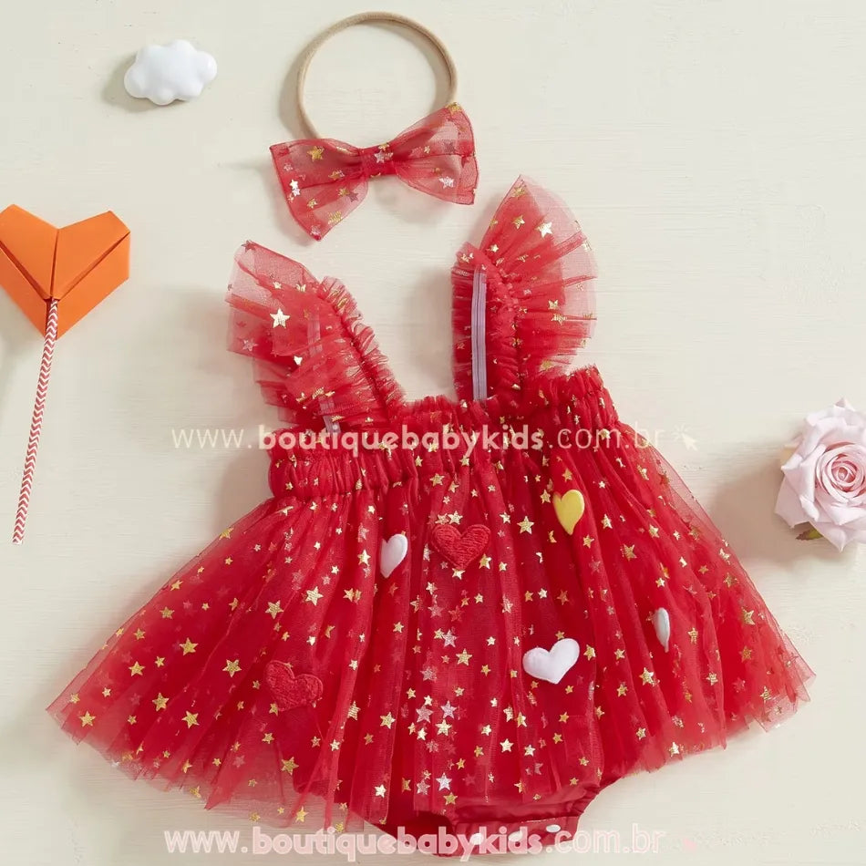 Vestido Bebê Coração Estrelado com Faixa Vermelho - Boutique Baby Kids