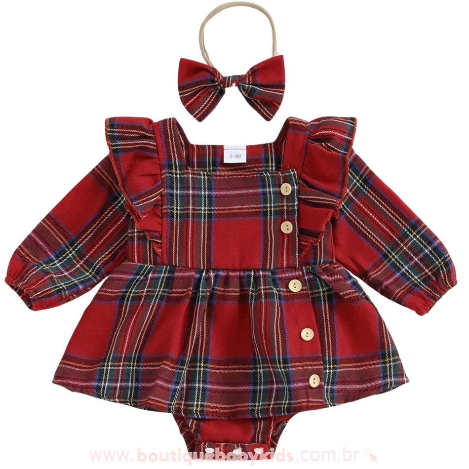 Vestido Bebê Estampa Xadrez com Faixa Vermelho - Boutique Baby Kids 