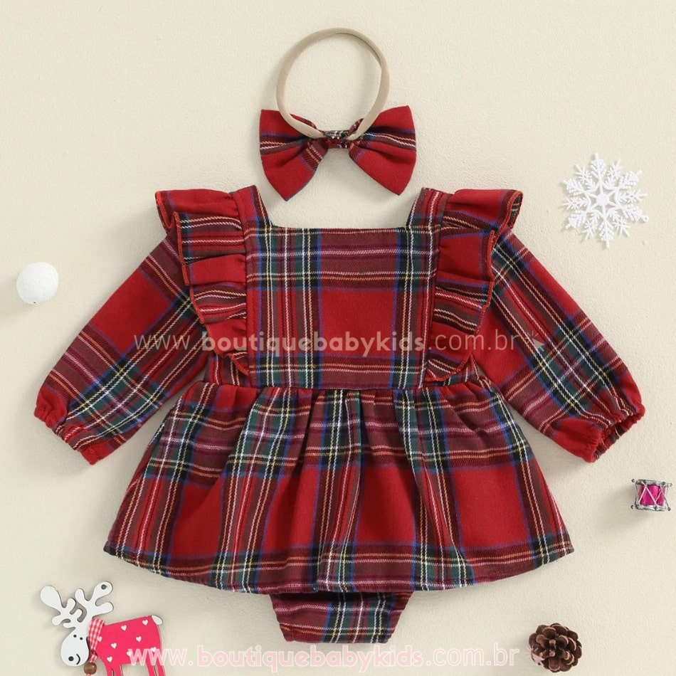 Vestido Bebê Estampa Xadrez com Faixa Vermelho - Boutique Baby Kids 