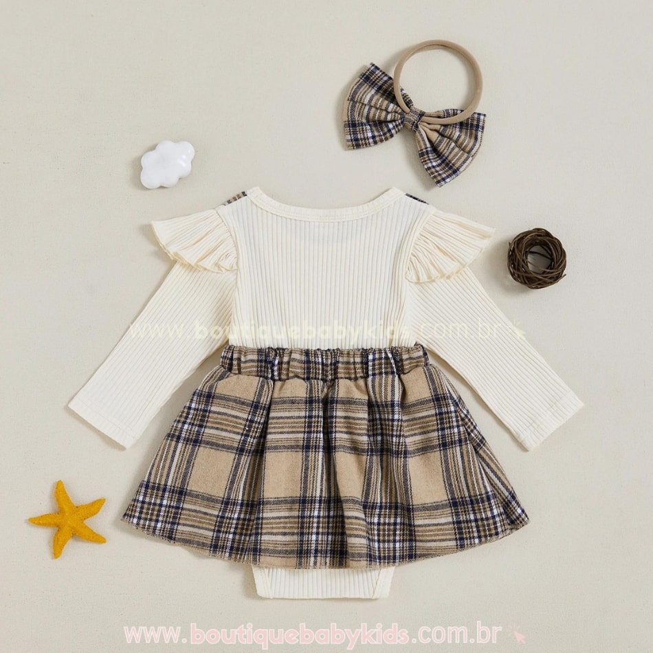 Vestido Bebê Estampa Xadrez com Faixa Branco - Boutique Baby Kids 