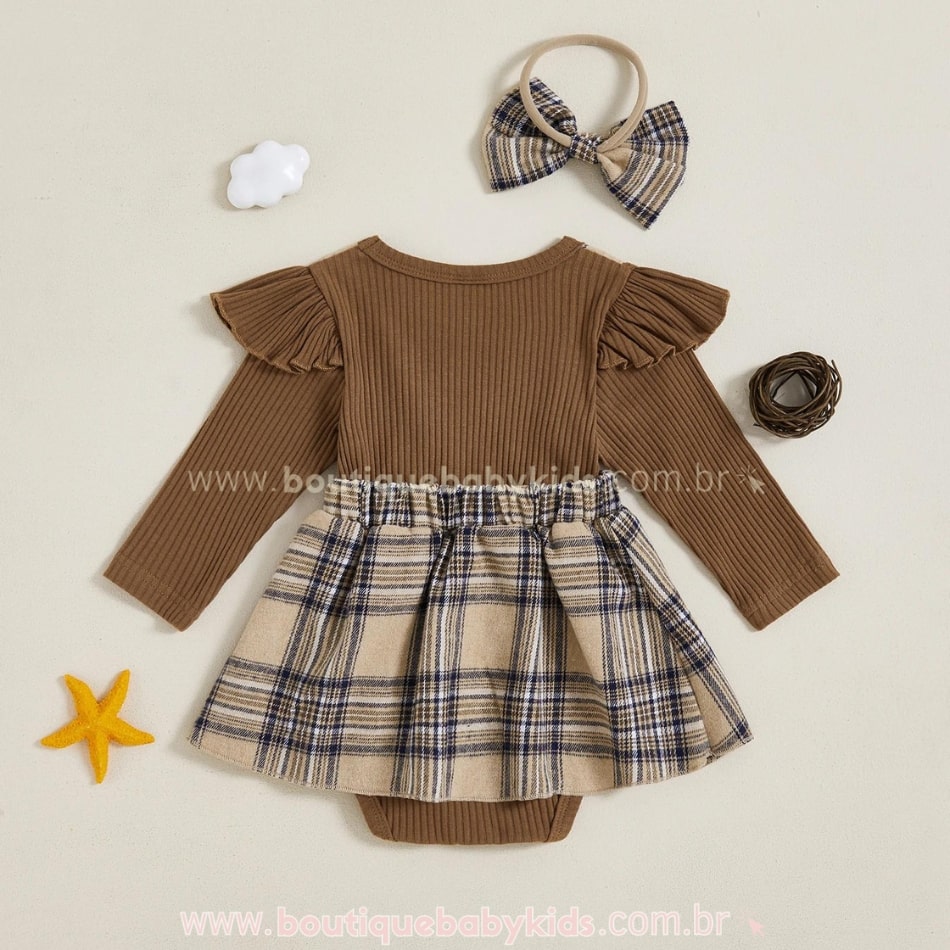 Vestido Bebê Estampa Xadrez com Faixa Marrom - Boutique Baby Kids 