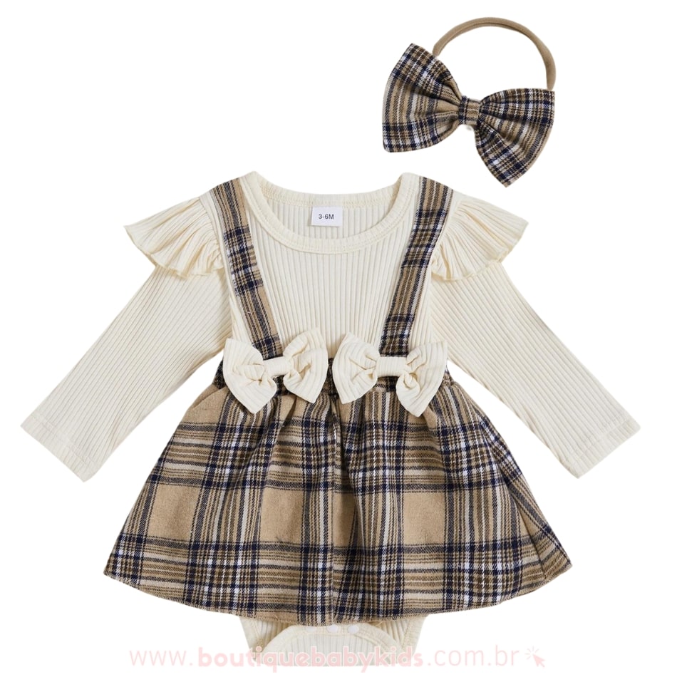 Vestido Bebê Estampa Xadrez com Faixa Branco - Boutique Baby Kids #branco