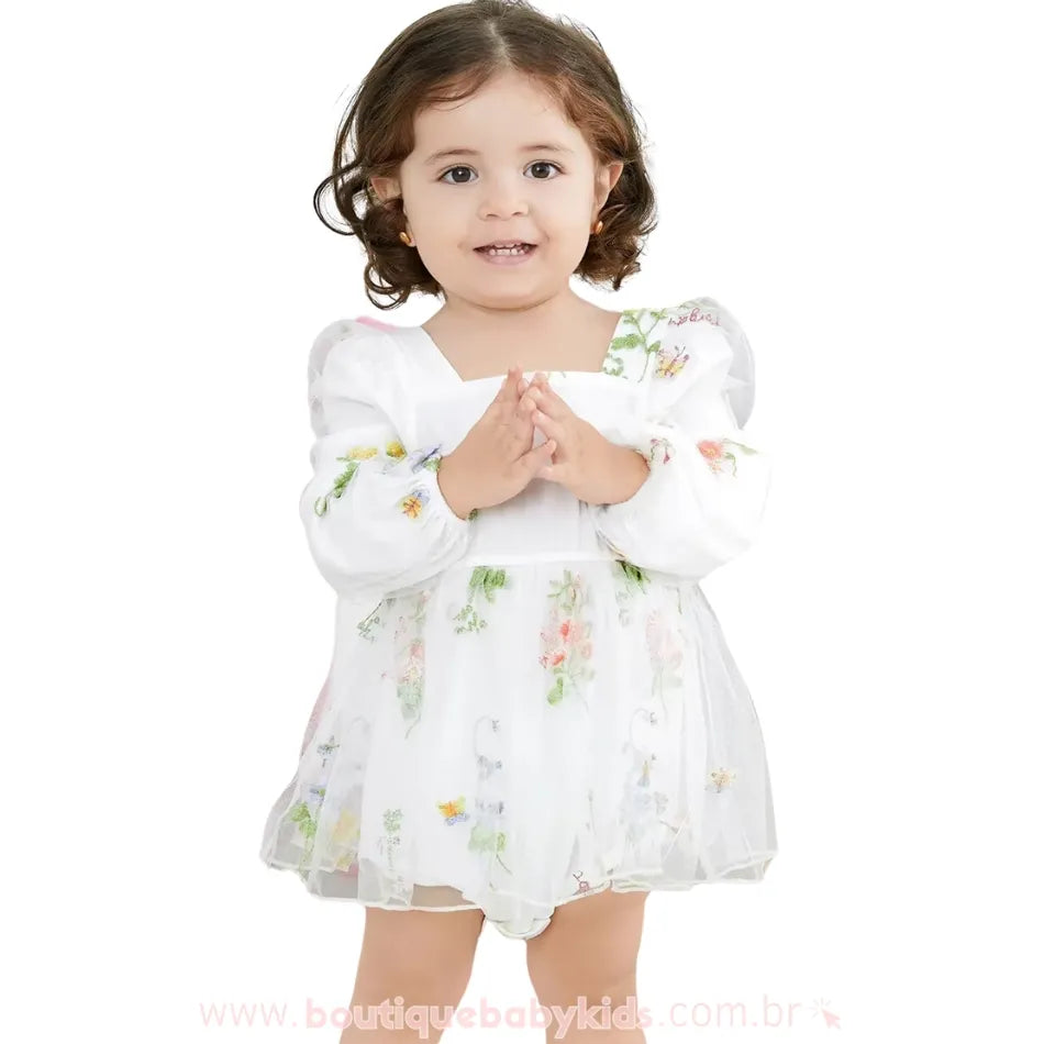 Vestido Bebê Jardim Encantado Bordado Flores Manga Bufante Branco - Boutique Baby Kids