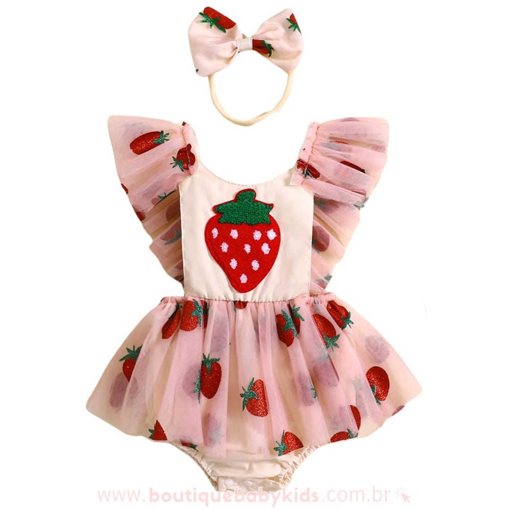 Vestido Bebê Moranguinho Tule Rosa com Faixa - Boutique Baby Kids