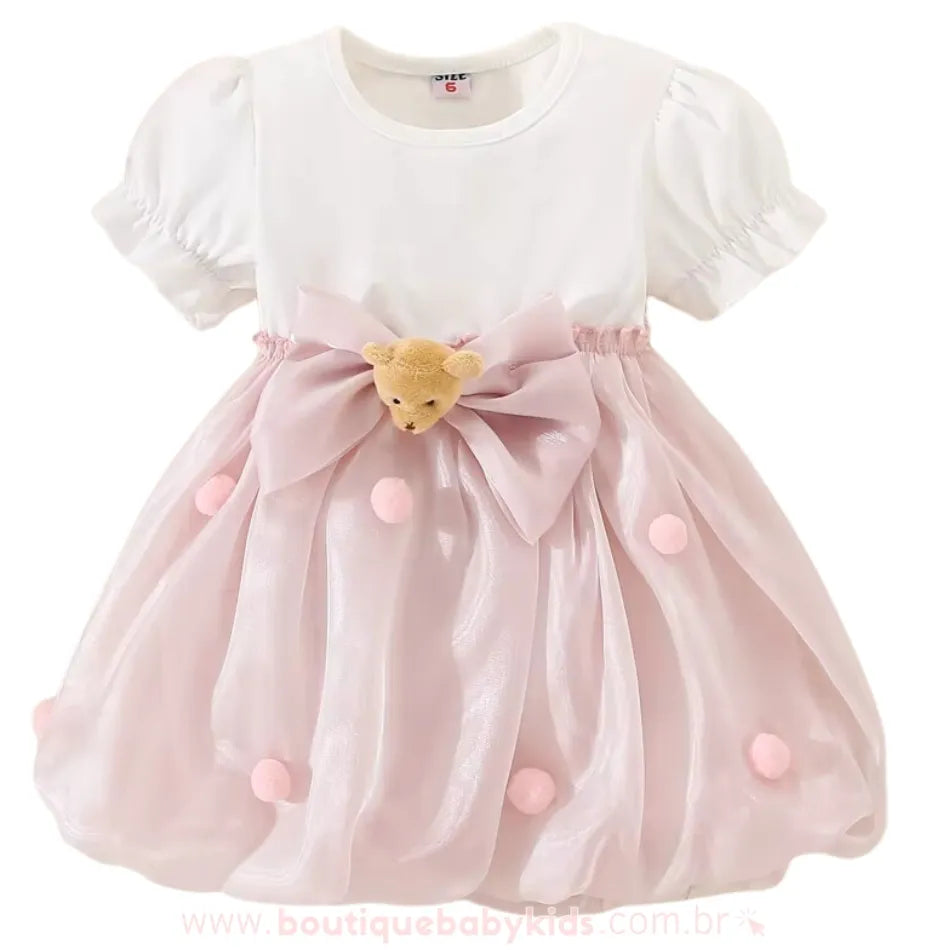 Vestido Bebê Ursinho Charmoso com Pompons Rosa - Boutique Baby Kids 