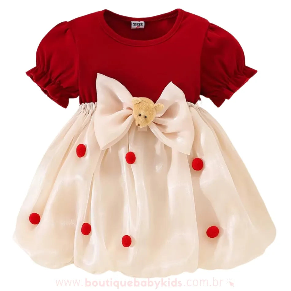 Vestido Bebê Ursinho Charmoso com Pompons Vermelho - Boutique Baby Kids 