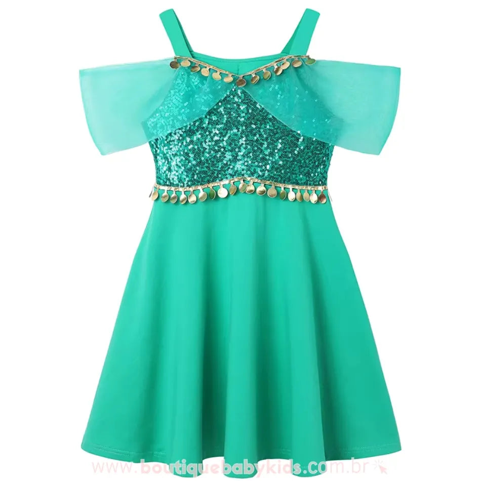 Vestido Infantil Temático Princesa Jasmine com detalhes em lantejoulas e bordados dourados, perfeito para aniversários, ensaios fotográficos e festas temáticas.