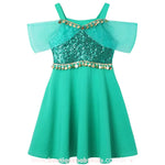 Vestido Infantil Temático Princesa Jasmine com detalhes em lantejoulas e bordados dourados, perfeito para aniversários, ensaios fotográficos e festas temáticas.