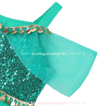 Mangas delicadas em tule transparente do Vestido Infantil Temático Princesa Jasmine, oferecendo um visual leve e encantador para pequenas princesas.