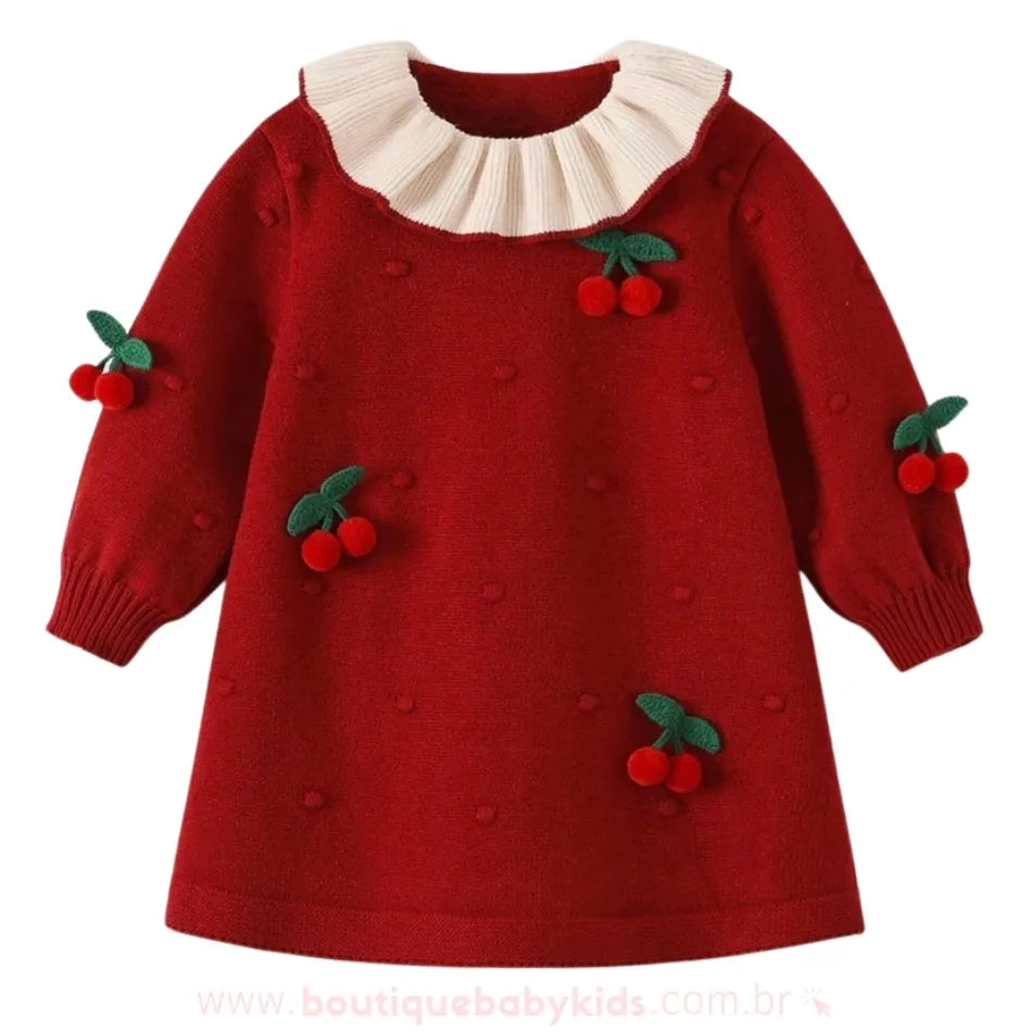 Vestido Infantil Tricot Cherry Cereja com Gola Plissada Vermelho - Boutique Baby Kids