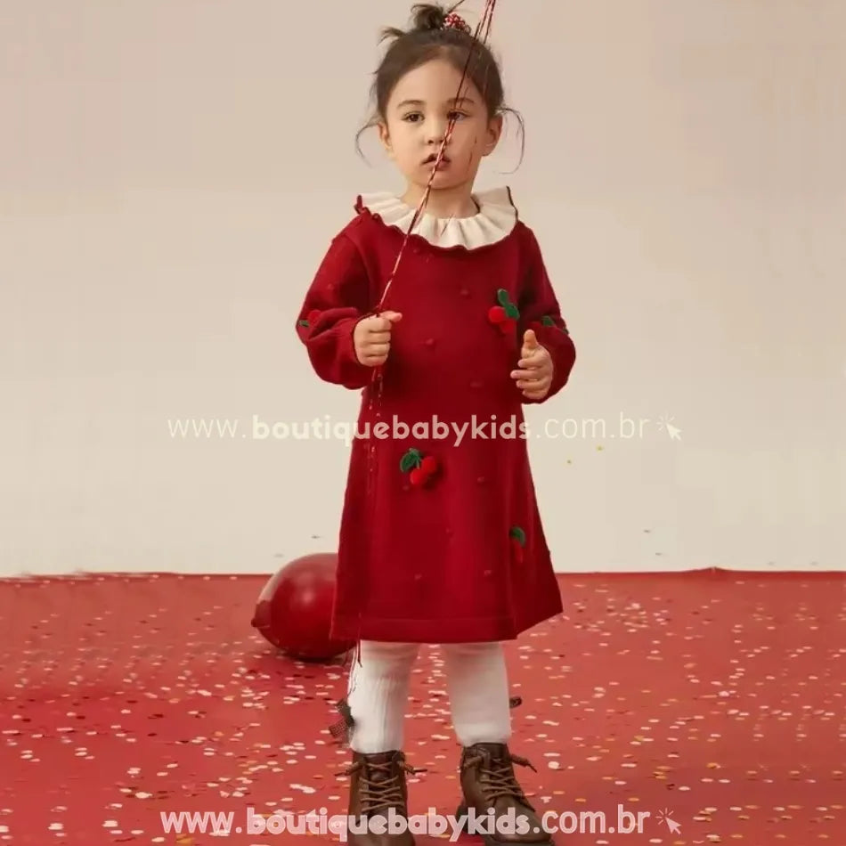 Vestido Infantil Tricot Cherry Cereja com Gola Plissada Vermelho - Boutique Baby Kids