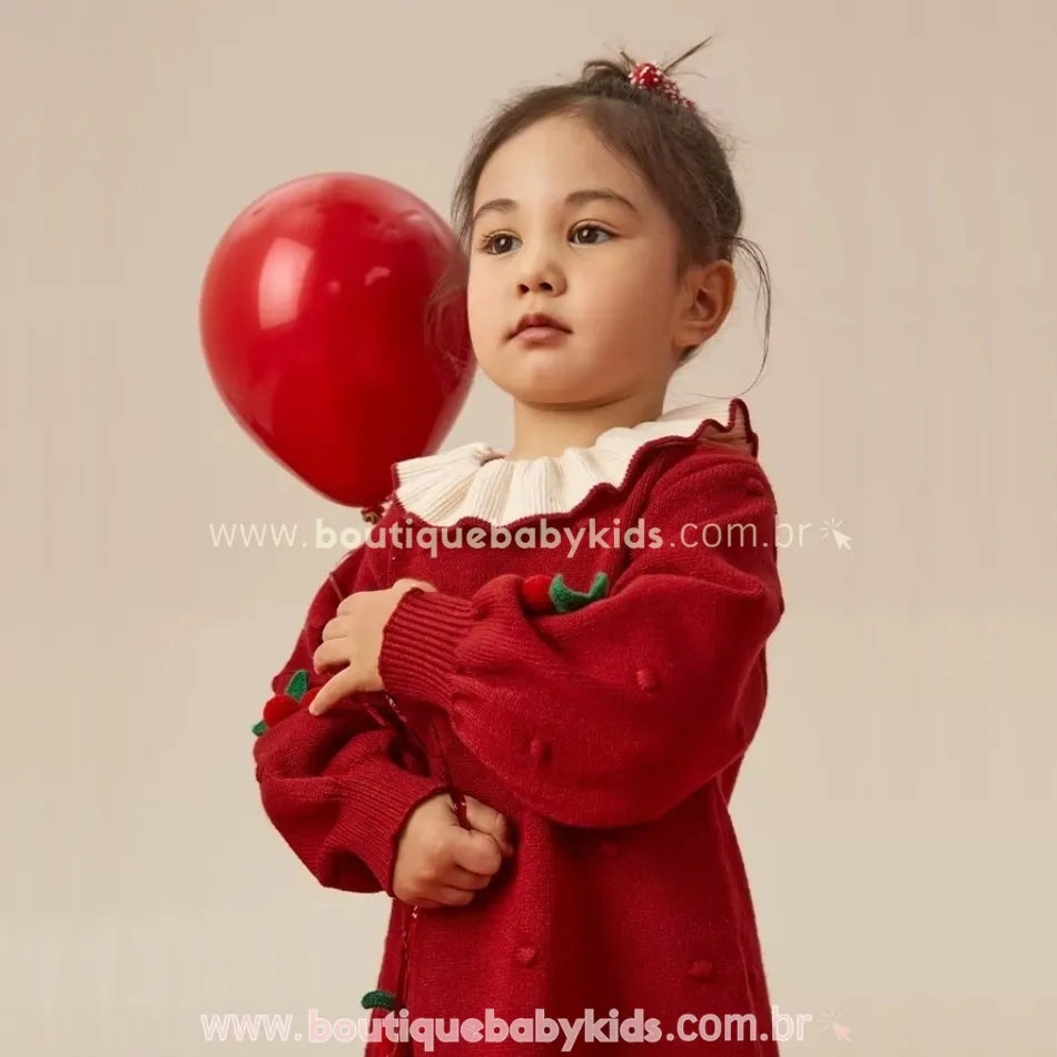 Vestido Infantil Tricot Cherry Cereja com Gola Plissada Vermelho - Boutique Baby Kids