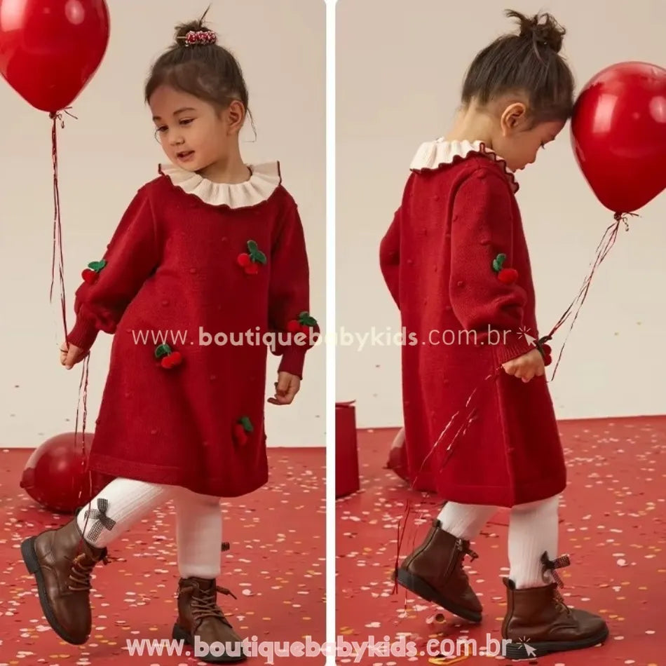 Vestido Infantil Tricot Cherry Cereja com Gola Plissada Vermelho - Boutique Baby Kids