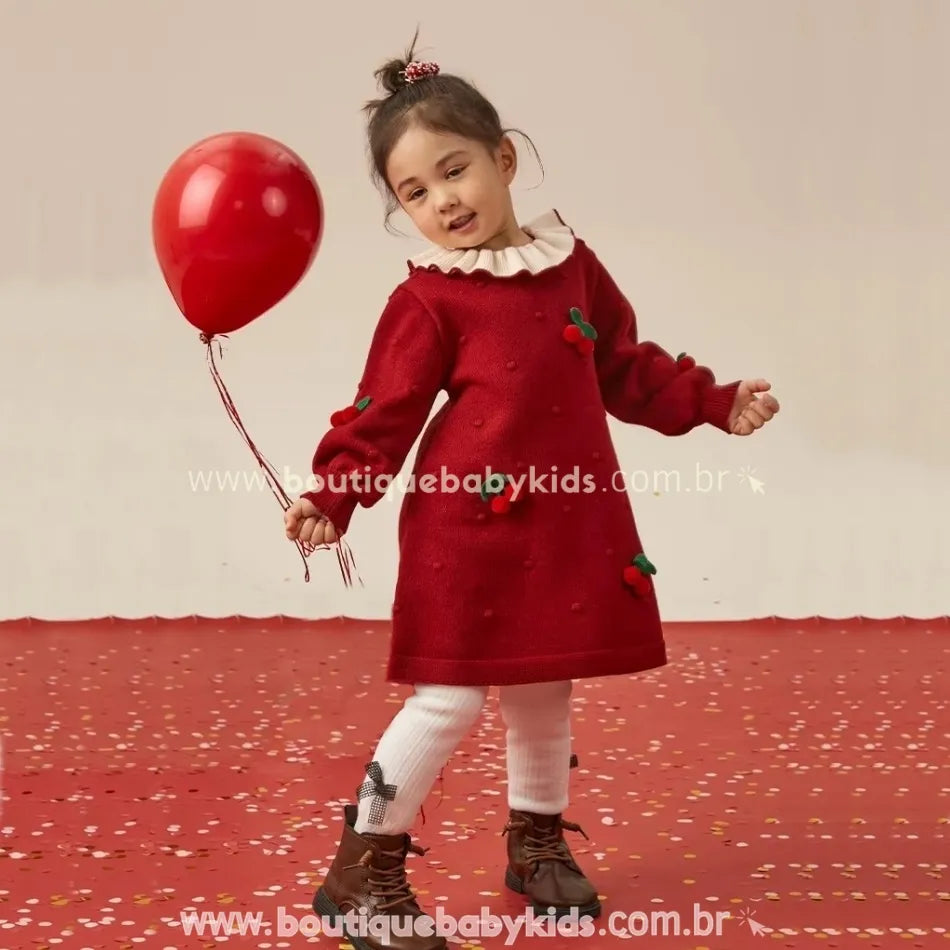 Vestido Infantil Tricot Cherry Cereja com Gola Plissada Vermelho - Boutique Baby Kids